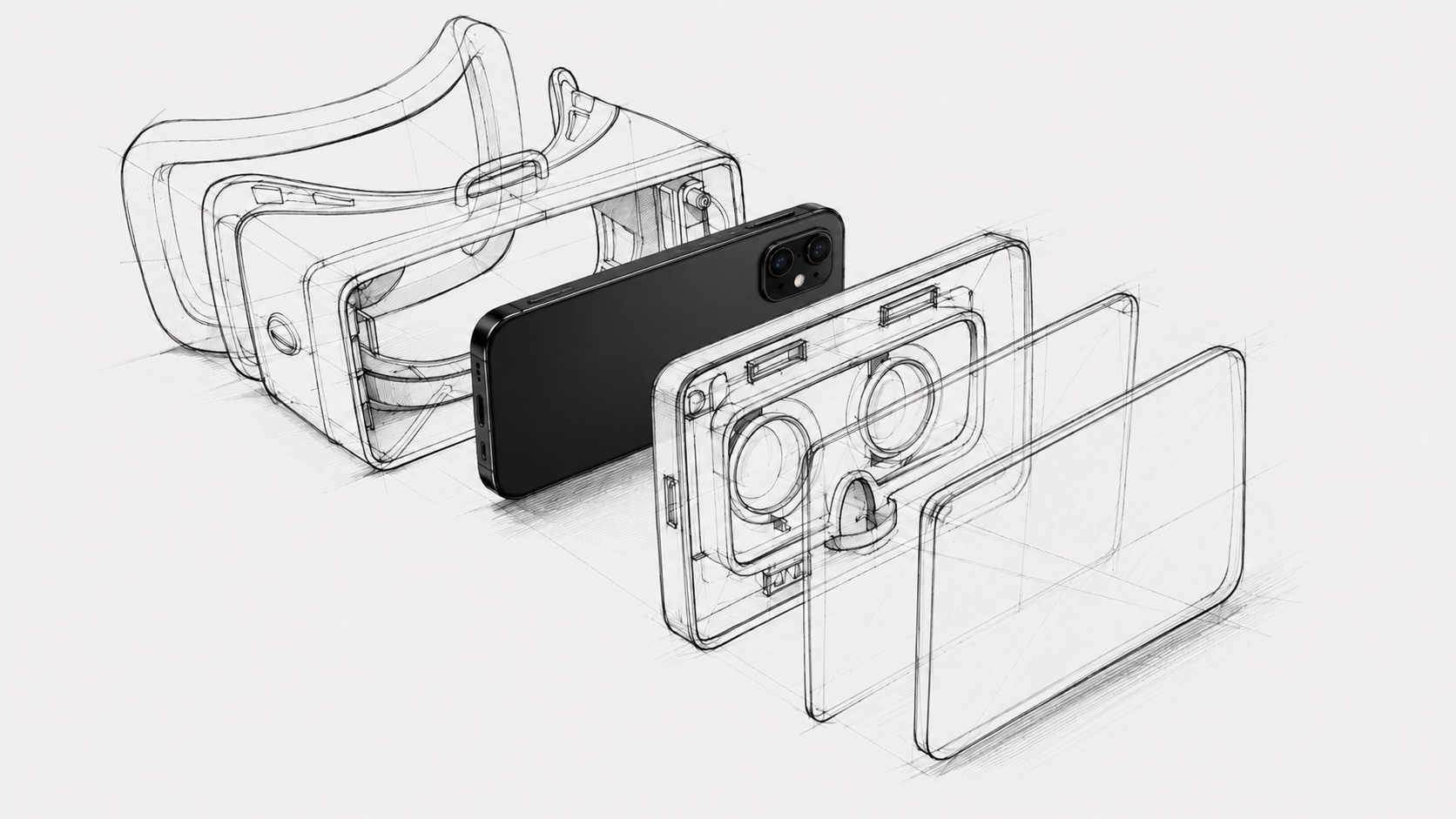 Industrial design illustration showing a real Android phone positioned inside the structure of a compatible VR Box