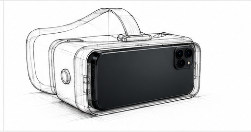 Real Android phone placed at the center of an industrial design sketch of a compatible VR Box