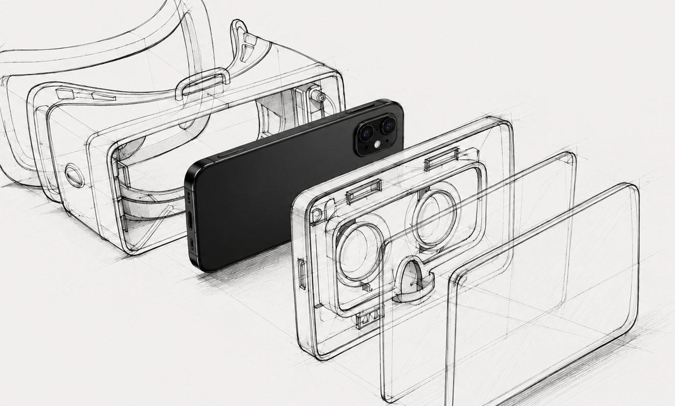 PlayerCast VR hardware transitioning from industrial design sketch into an assembled phone-based VR viewing setup