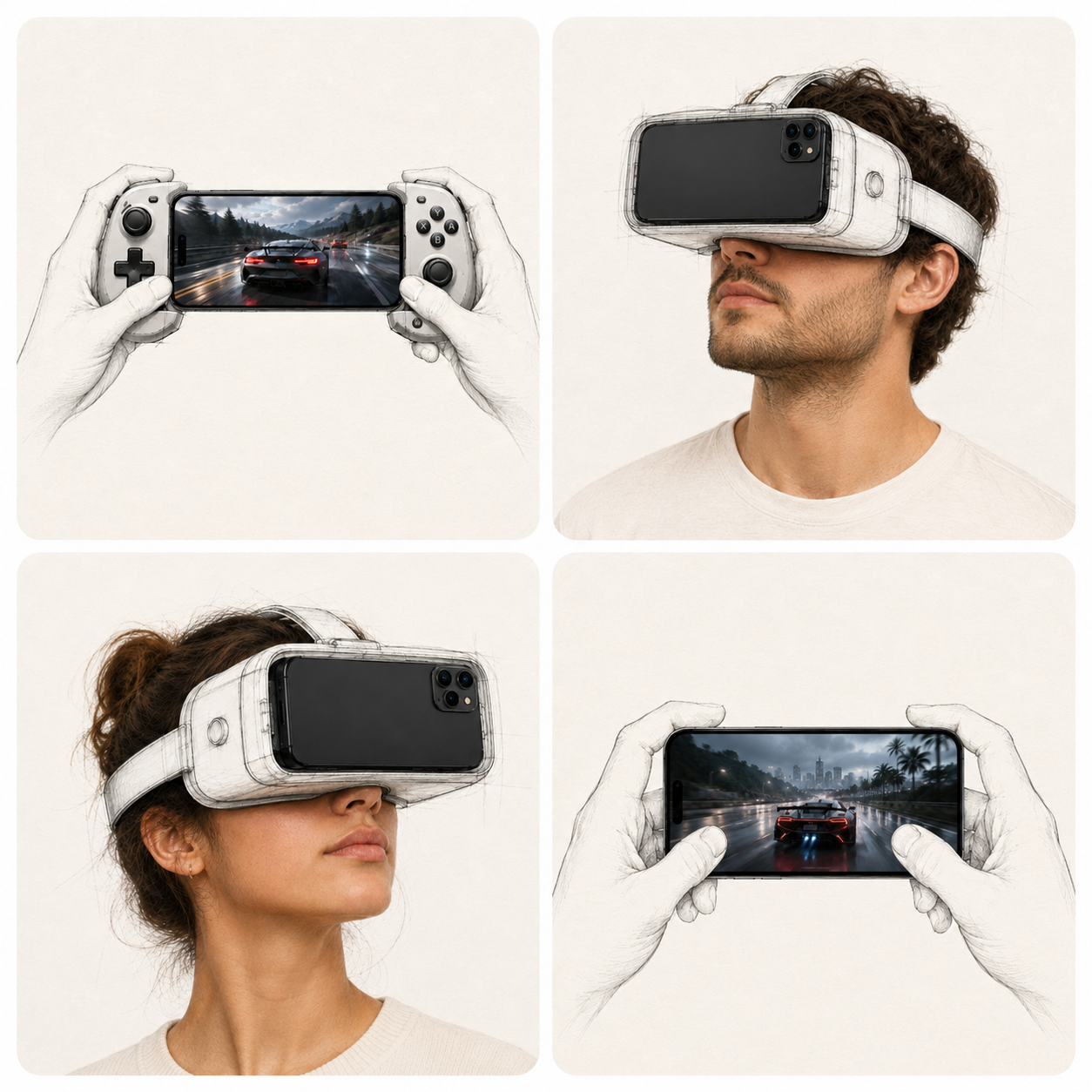 PlayerCast VR experience showing Android phones used by hand, with a compatible gamepad, and inside phone-based VR viewers
